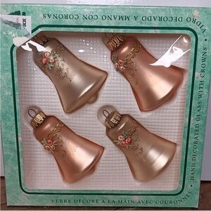 Christmas by Krebs box of 4 Pink glass bells vintage gold crown Floral ribbon